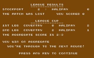 Footballer of the Year (Commodore 16, Plus/4) screenshot: Match result.