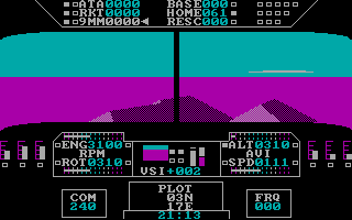 Super Huey UH-IX (DOS) screenshot: Flying over some mountains when exploring... (CGA)