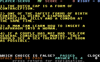 Dr. Ruth's Computer Game of Good Sex (Commodore 64) screenshot: Do you know which answer is false?