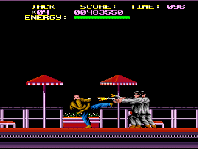 Last Action Hero (SNES) screenshot: Jack fights more mafia guys on the hotel roof, after a crazy elevator-action jumping puzzle