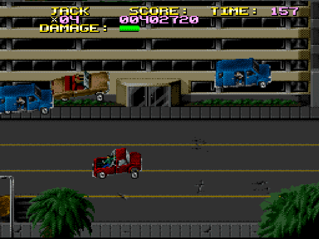 Last Action Hero (SNES) screenshot: The Real World car chase scene is more a race against time than a flashy action sequence, but for some a few of the drivers still throw bombs at you... Guess that's just usual New York traffic rage