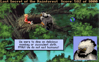 Lost Secret of the Rainforest (DOS) screenshot: A conversation with an eagle