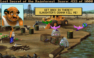 Lost Secret of the Rainforest (DOS) screenshot: No ecologically-progressive work is complete without a scene where birds are being released and the villains are unhappy about it