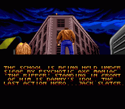 Last Action Hero (Genesis) screenshot: Introduction. The Ripper is inside the school.