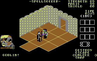 Spellseeker (Commodore 64) screenshot: Fight or run away from the Goblin?