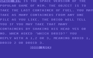 Space NIM (Commodore 64) screenshot: Instructions.