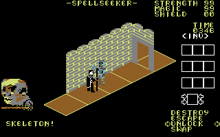 Spellseeker (Commodore 64) screenshot: In combat with a skeleton.