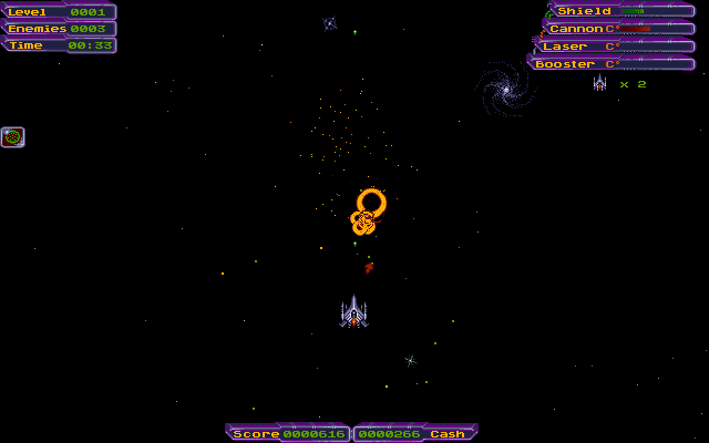 Axia (DOS) screenshot: Blowing stuff up sometimes gives temporary bonuses (shown as an icon on the left side of the screen).