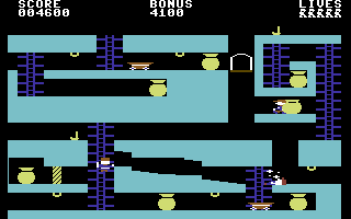 Gilligan's Gold (Commodore 64) screenshot: Dragging a bag of gold.