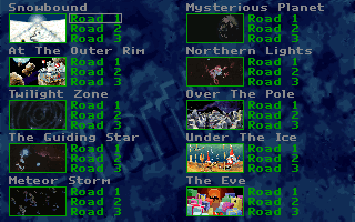SkyRoads: Xmas Special (DOS) screenshot: available worlds (some names are different from the other version)