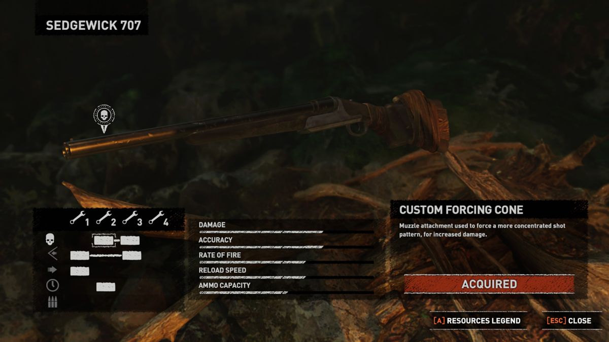 Shadow of the Tomb Raider: Croft Edition Extras (Windows) screenshot: Sedgewick 707 shotgun details and upgrades