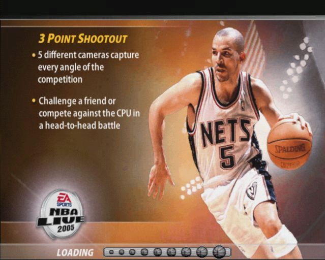 NBA Live 2005 (PlayStation 2) screenshot: Whenever the game has to do some serious work such as loading the next section, the player sees a screen like this. Progress is shown by the changing colour of the balls at the bottom of the screen