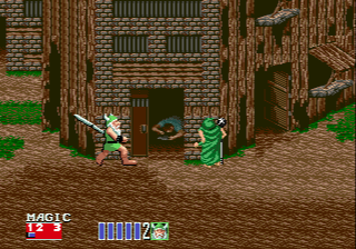 Golden Axe II (Genesis) screenshot: The dwarf threatens the poor green mage in a village