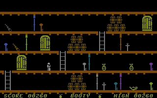 Booty (Commodore 16, Plus/4) screenshot: Looking for the right keys.