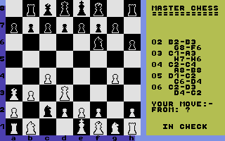 Master Chess (Commodore 16, Plus/4) screenshot: Check.