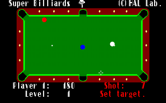 Super Billiards (Sharp X1) screenshot: Occasionally this hand shows up, if you pocket the ball in the pocket it's pointing to - you get extra points