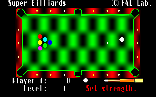 Super Billiards (Sharp X1) screenshot: Setting the strength of the shot