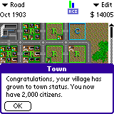 SimCity (Palm OS) screenshot: (colour) Your city grows to town status