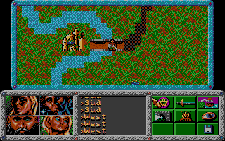 Dragonflight (DOS) screenshot: Crossing a swamp to get to a large city