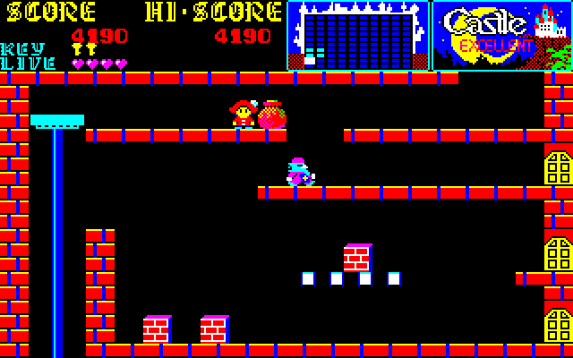 Castlequest (Sharp X1) screenshot: The dagger is exclusive to the Famicom/NES version, the only way to kill enemies here is to drop an object on them or get the elevator to crush them