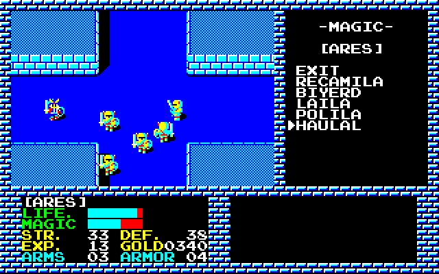Dark Storm: Demon Crystal III (Sharp X1) screenshot: Using magic against knights in the castle dungeon, for example, the "HAULAL" spell temporarily freezes the enemies