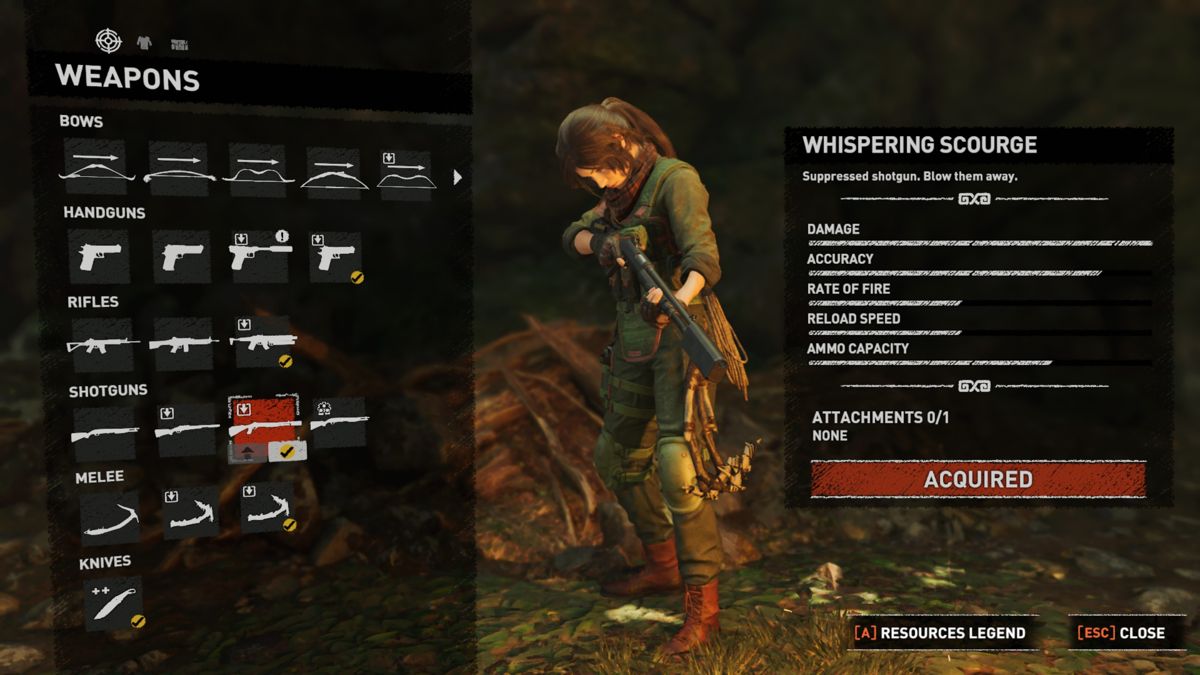 Shadow of the Tomb Raider: Force of Chaos Gear (Windows) screenshot: Whispering Scourge weapon equipped.