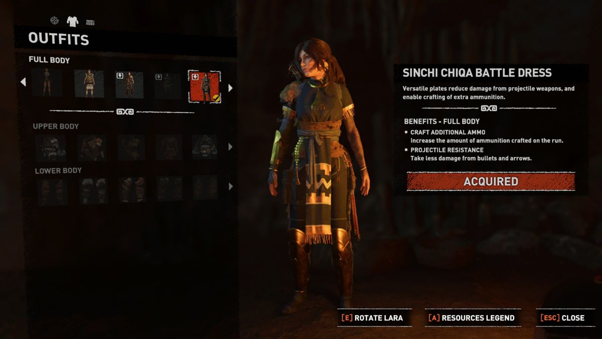 Shadow of the Tomb Raider: Golden Eagle Gear (Windows) screenshot: Sinchi Chiqa Battle Dress outfit equipped.