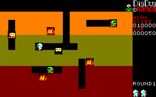 Dig Dug (PC-88) screenshot: First level of the less detailed, original version from 1983.