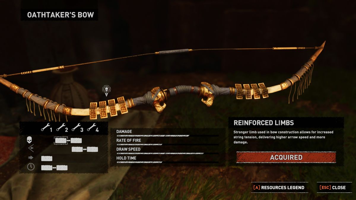 Shadow of the Tomb Raider: Golden Eagle Gear (Windows) screenshot: Oathtaker's bow detail and upgrades