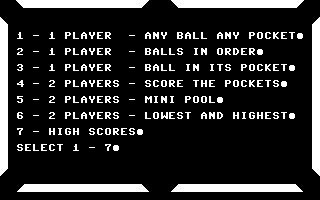 Minnesota Fats' Pool Challenge (Commodore 64) screenshot: Game Selection (US).