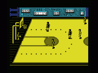 Golden Basket (MSX) screenshot: Toggle with fire button to select the player to whom to throw the ball