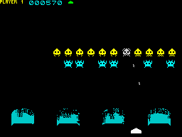 Invaders (ZX Spectrum) screenshot: At the highest variation, yellows when shot transform themselves into another monsters.