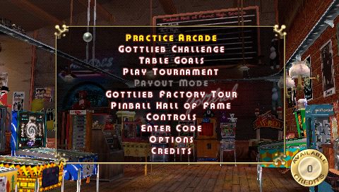 Pinball Hall of Fame: The Gottlieb Collection (PSP) screenshot: Main menu
