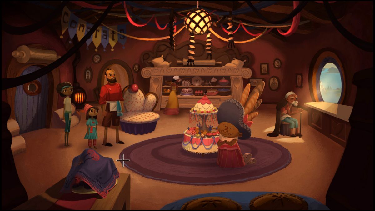 Broken Age (PlayStation 4) screenshot: Vella's family is very happy for the upcoming sacrifice