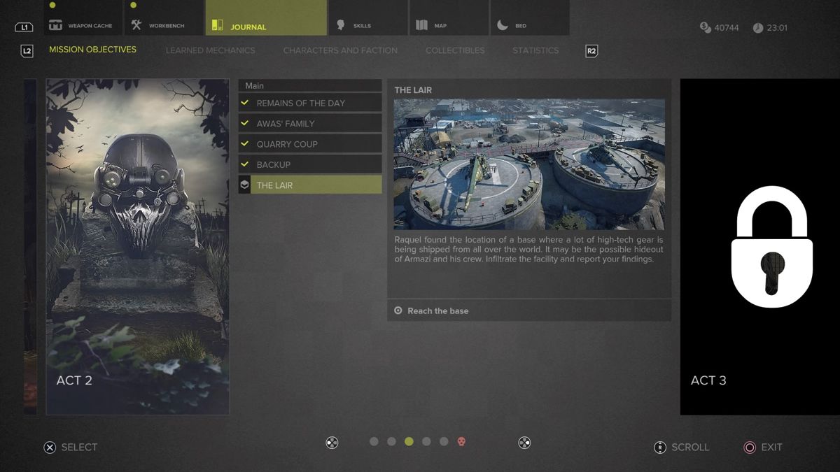 Sniper: Ghost Warrior 3 (Season Pass Edition) (PlayStation 4) screenshot: Sniper: Ghost Warrior 3 - Journal keeps track of missions and side quests on each chapter
