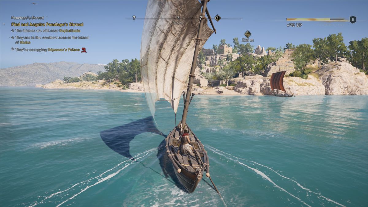 Assassin's Creed: Odyssey (PlayStation 4) screenshot: Sailing on a small can only be done in shallow waters, not in the open sea