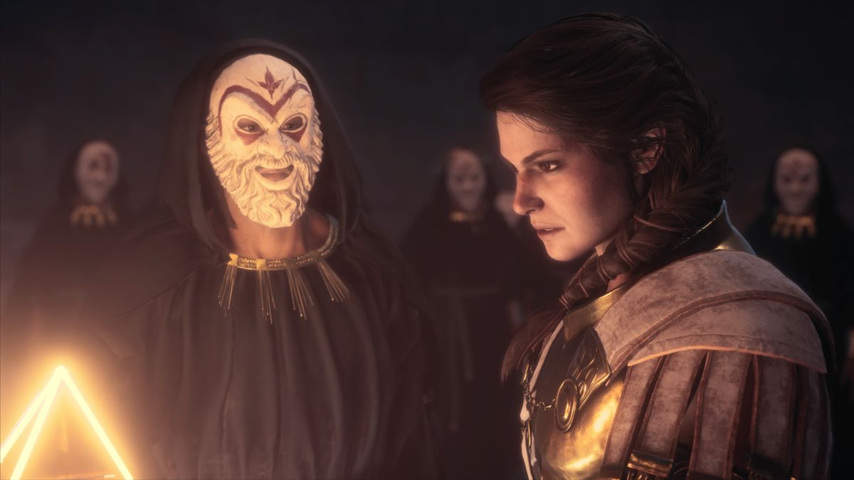 Assassin's Creed: Odyssey (PlayStation 4) screenshot: Infiltrating the secret meeting of the members of the cult of Kosmos