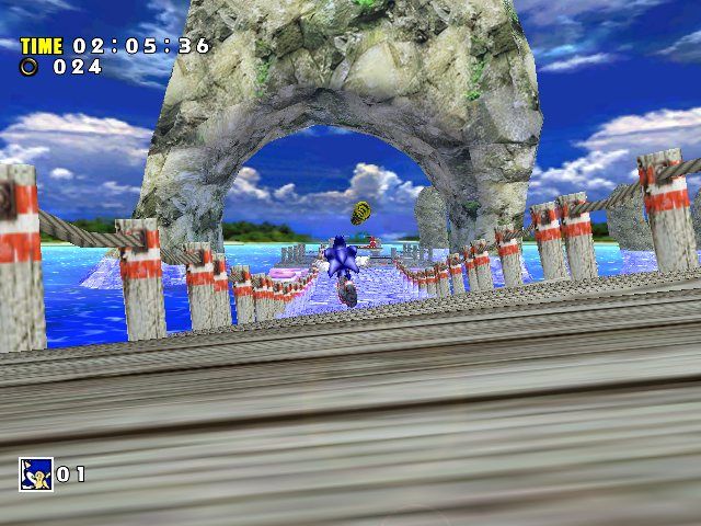 Sonic Adventure DX (Director's Cut) (Windows) screenshot: Running on a swinging dock.