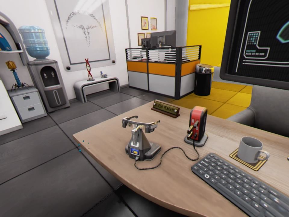 The Assembly (PlayStation 4) screenshot: Caleb, the male protagonist, at his work desk (VR mode)