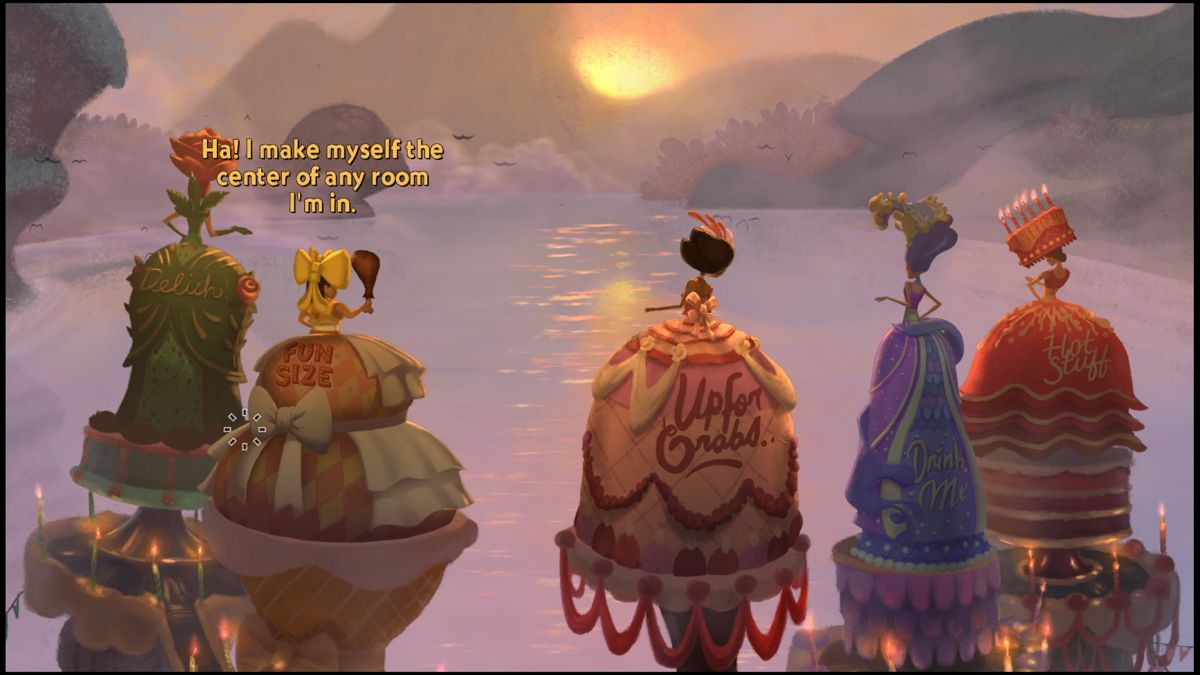 Broken Age (PlayStation 4) screenshot: Maidens are lining up to be eaten by Mog Chotra beast in a sacrificial ceremony
