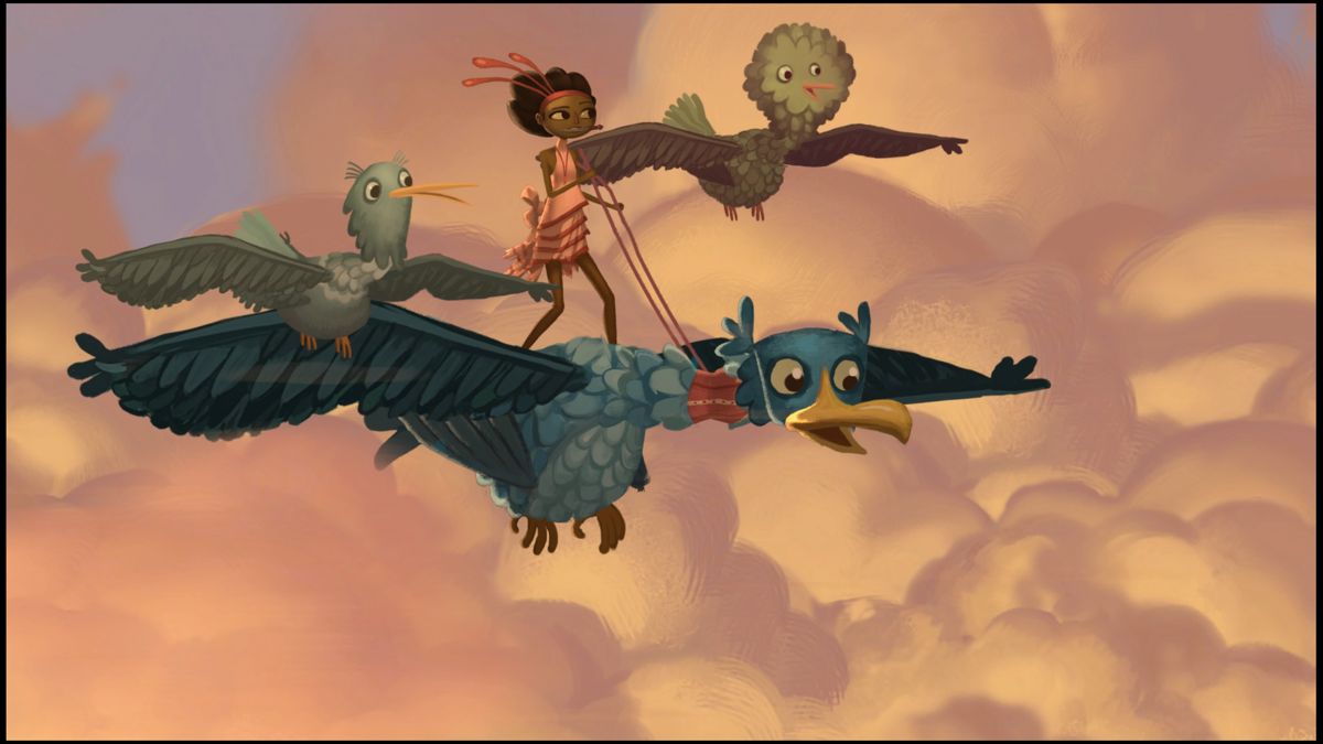 Broken Age (PlayStation 4) screenshot: Escaping the sacrifice on a big bird she lured