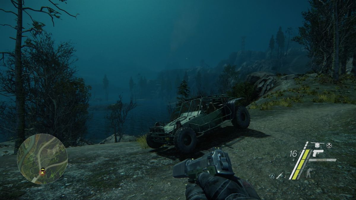 Sniper: Ghost Warrior 3 - Buggy Vehicle (PlayStation 4) screenshot: Outside view of the buggy parked at the cliff near the water