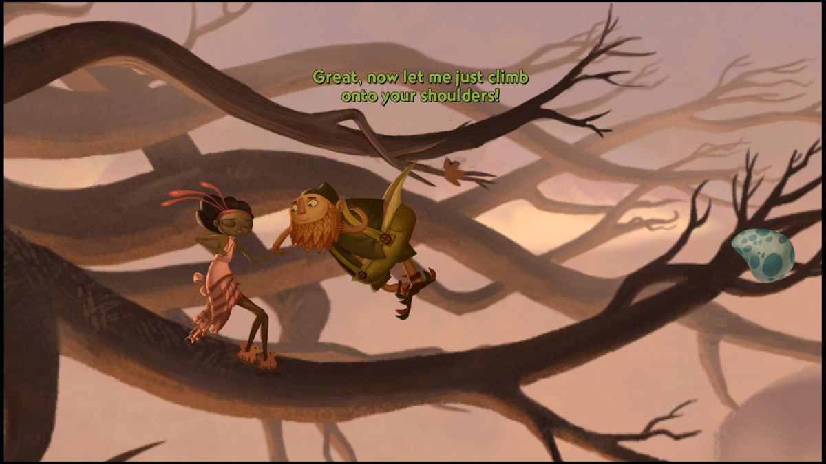 Broken Age (PlayStation 4) screenshot: Helping a guy stuck on a tree branch