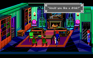 The Colonel's Bequest (DOS) screenshot: Characters move around and do stuff on their own all the time. Here, you see a servant catering to an old rich guy in the library