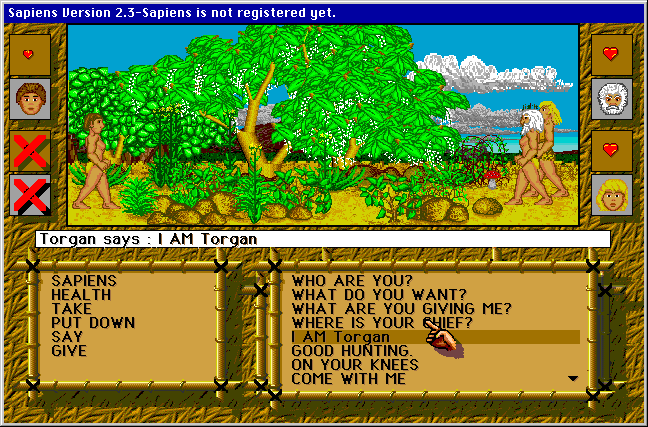 Sapiens (Windows) screenshot: Torgan meeting Hognor, the venerable tribe leader.