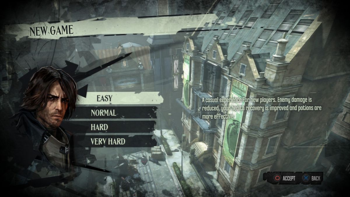 Dishonored (PlayStation 3) screenshot: Selecting difficulty level.