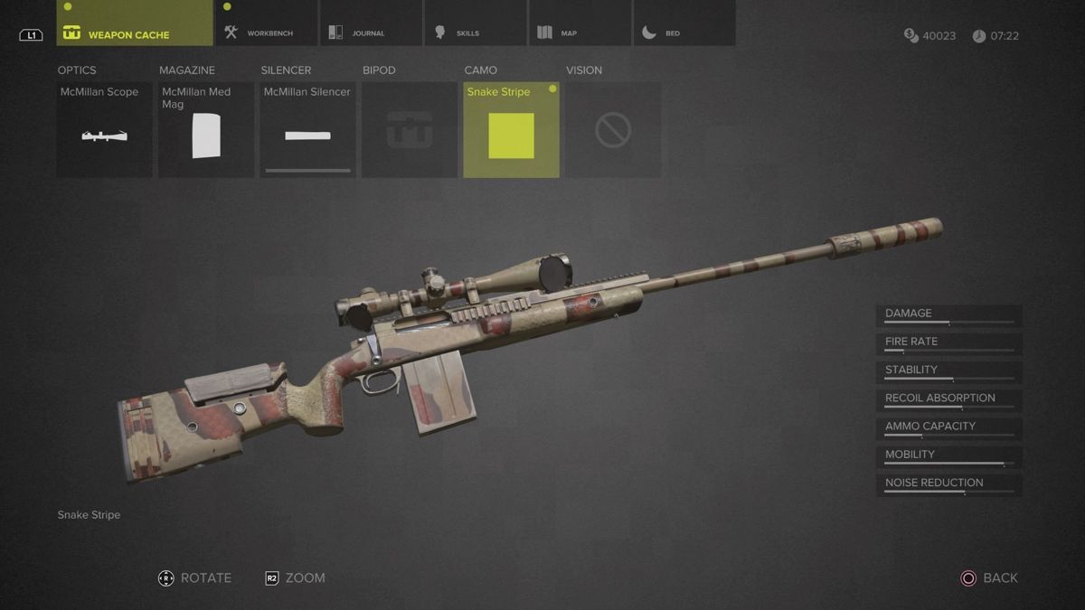 Sniper: Ghost Warrior 3 - Sniper Rifle McMillan TAC-338A (PlayStation 4) screenshot: Snake Stripe camouflage full view