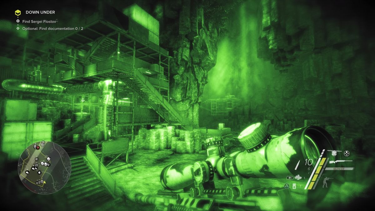 Sniper: Ghost Warrior 3 - Sniper Rifle McMillan TAC-338A (PlayStation 4) screenshot: Snake Stripe camouflage in-game during night vision