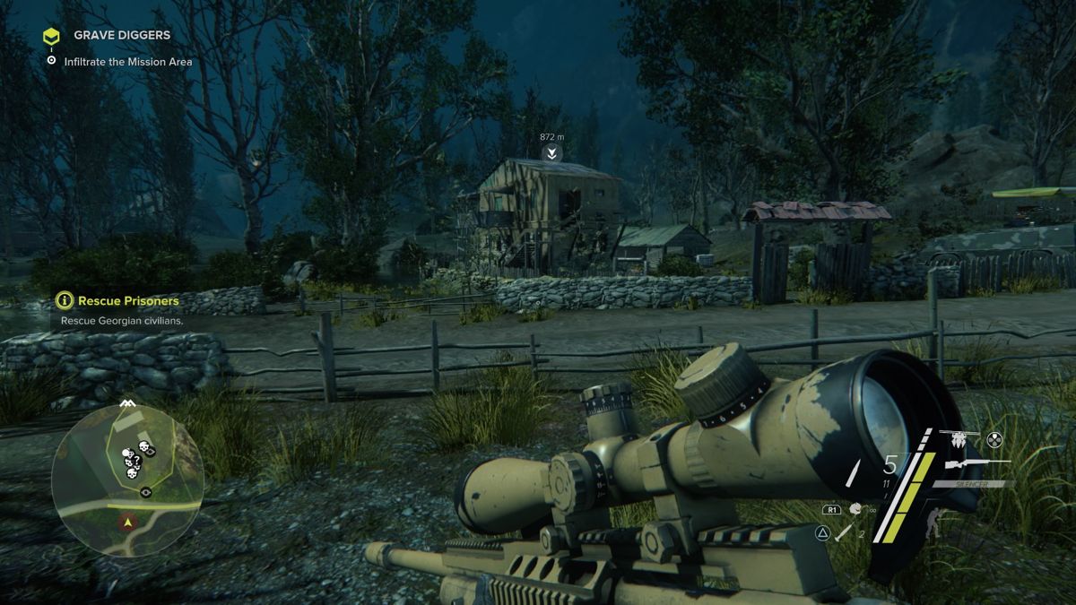 Sniper: Ghost Warrior 3 - Sniper Rifle McMillan TAC-338A (PlayStation 4) screenshot: Default skin during nighttime mission