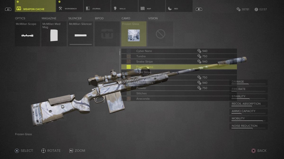 Sniper: Ghost Warrior 3 - Sniper Rifle McMillan TAC-338A (PlayStation 4) screenshot: Selecting Frozen Glass camouflage for McMillan TAC-338 sniper rifle